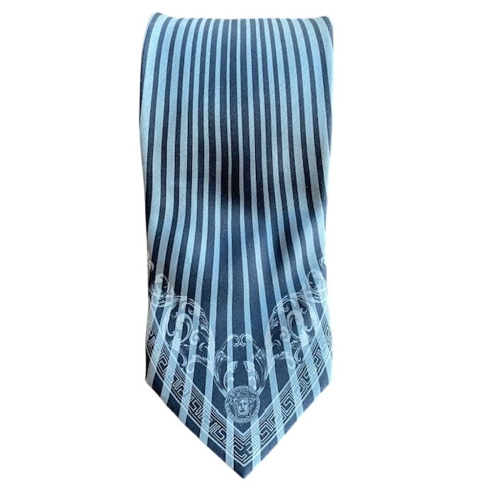 Gianni Versace Vintage 90s Medusa Head Blue Striped 100% Silk Tie Made in Italy